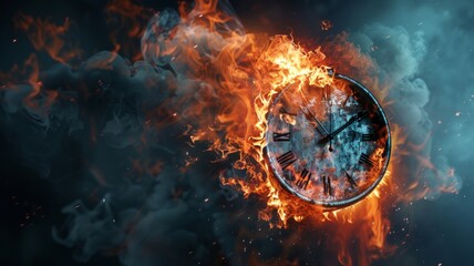 Clock caught in intense fire and smoke swirl - A captivating clock image sweeping in a smoky dance, engulfed by intense fire, suggesting time's destructive and creative force - obrazy, fototapety, plakaty