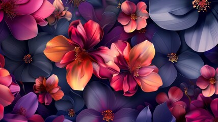 Ethereal Purple Flowers on Navy Canvas - A captivating digital illustration featuring a spectrum of purple flowers and harmonious navy leaves for a sophisticated aesthetic