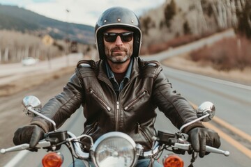 Fototapeta na wymiar Confident Biker in Leather Jacket Cruising on Highway Road Trip