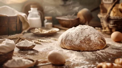 Fotobehang Artisan bread loaf with warm steam rising - A cozy scene capturing a steaming bread loaf fresh out of the oven, amidst rustic baking ingredients © Mickey