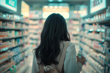 A woman is shopping in a store and is holding a bottle of vitamins - obrazy, fototapety, plakaty