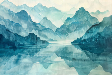 A painting of mountains and a lake with a blue sky in the background