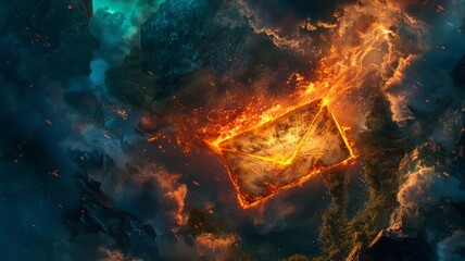 Molten lava cube amid snow and rocks - A digital art piece featuring a glowing lava cube contrasted with icy terrain, portraying the battle of elements - obrazy, fototapety, plakaty