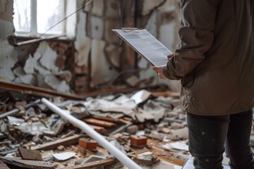 Insurance Agent Assessing Damage in Abandoned Building Ruins