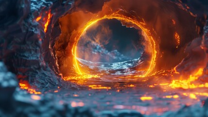 Fiery molten lava tunnel on an alien planet - A dramatic fiery tunnel showcasing flowing molten lava, suggesting an intense, heated environment on an alien world