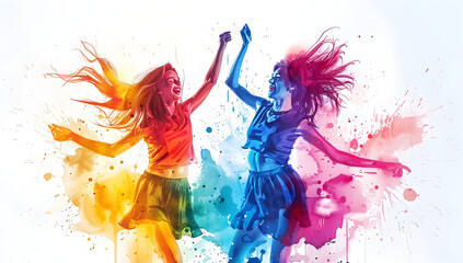 A watercolor portrait of smiling dancing females, depicting joy and celebration. - obrazy, fototapety, plakaty