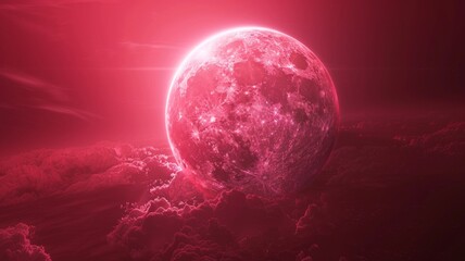Ethereal pink planet glowing in space - A mystical pink sphere radiates light among clouds and stars in this vibrant deep space-inspired image