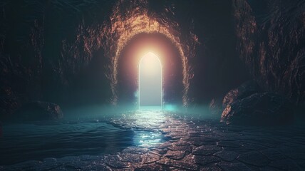Mystical doorway in a rocky cave with water - A peaceful yet mystifying scene displays a lit doorway in a cave, where calm waters gently lap against the rocky terrain