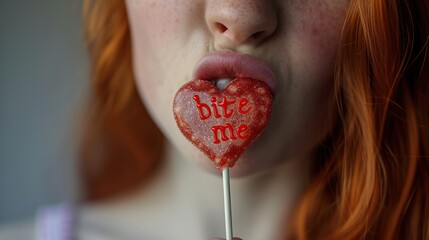 Red-haired girl licks a heart-shaped lollipop with inscription bite me.