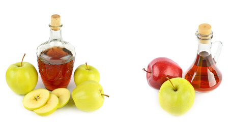 Apple vinegar in glass bottle and ripe apples isolated on white . There is free space for text. Collage. Wide photo. - 784676663