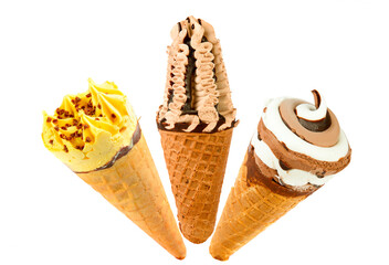 Set of various ice cream in waffle cones isolated on white. Collage. - 784676668