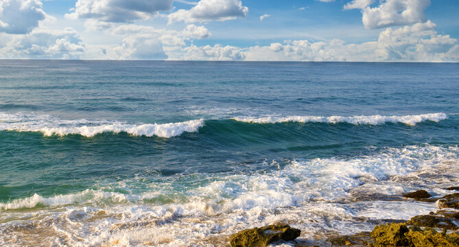 Seascape and blue sky.Wide photo.