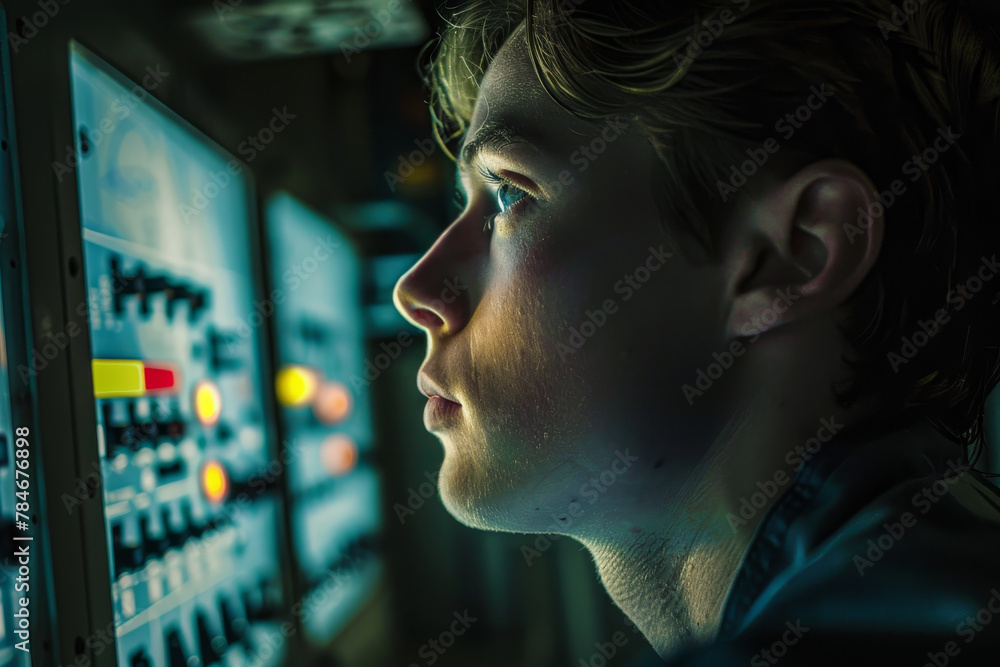 Poster a man is looking at a computer screen with a yellow button