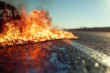 A car is on fire and the road is wet