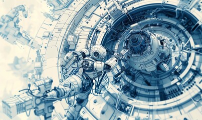 Fototapeta premium Design a dynamic pen and ink sketch of a robotic engineer working on a complex, futuristic machine from a creative tilted angle Showcase intricate details of the engineers tools and the high-tech envi