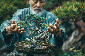Photo of a Japanese man inspecting the crown of a juniper bonsai tree he grew. Historical information about the origin of bonsai for a catalog in a plant store or garden store. Business selling plants - Powered by Adobe