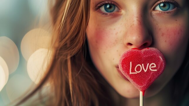 Close-up portrait of a beautiful girl with a heart-shaped lollipop