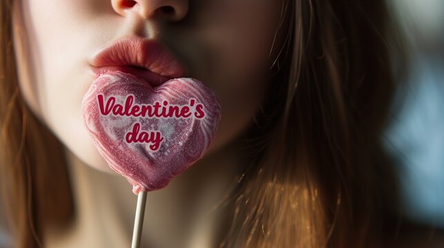 Close-up of beautiful young woman with lollipop in shape of heart. Valentines day concept - Powered by Adobe