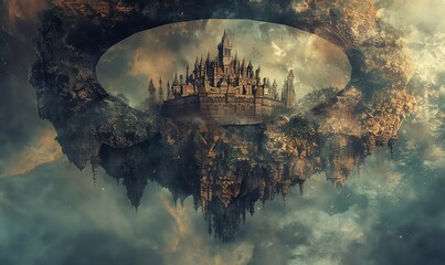 Dive into a fantasy realm with a worms-eye view of a mystical castle, enveloped in a grunge texture for a dark, mysterious ambiance Traditional Art Medium, transporting viewers to a magical world of w