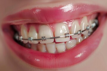 Close-Up of Smiling Mouth with Dental Braces on Healthy Teeth