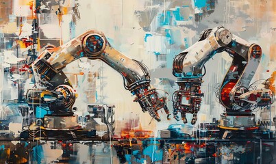 Emphasize the fluidity and precision of robotic arms in a dynamic acrylic painting Show the contrast between the sleek metal and the industrial environment with vivid colors - obrazy, fototapety, plakaty