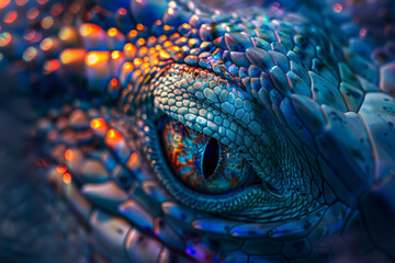 A close up of a lizard's eye with a blue and orange hue