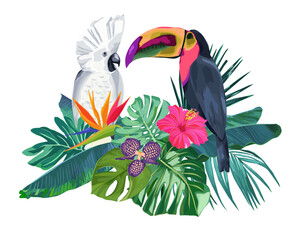 Summer frame with tropical jungle leaves, hibiscus, orchids and parrot. Vector jungle illustration.
