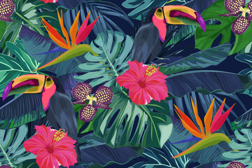 Summer seamless pattern with tropical palm leaves, flowers and toucan. Jungle fashion print. Hawaiian background. Vector illustration - 784677439