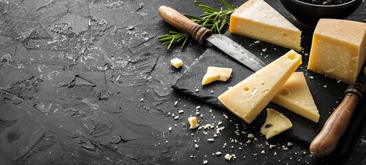 A set of hard cheeses with cheese knives on a black stone background. Parmesan. View from above. place for text. generative ai - obrazy, fototapety, plakaty
