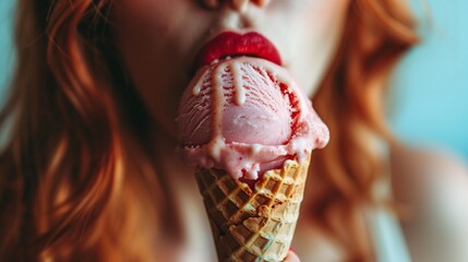 Close up of a woman eating strawberry ice cream in a waffle cone