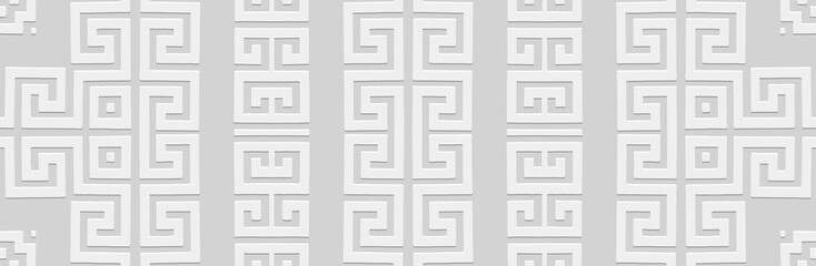 Banner. Relief geometric original 3D pattern on a white background. Ornamental ethnic cover design, Greek meander style. Boho exoticism of the East, Asia, India, Mexico, Aztec, Peru.
