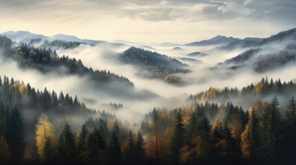 Naklejka premium Mystical Autumn Fog in Black Forest, Germany - Enchanting Landscape with Rising Fog, Autumnal Trees, and Firs - Generative AI