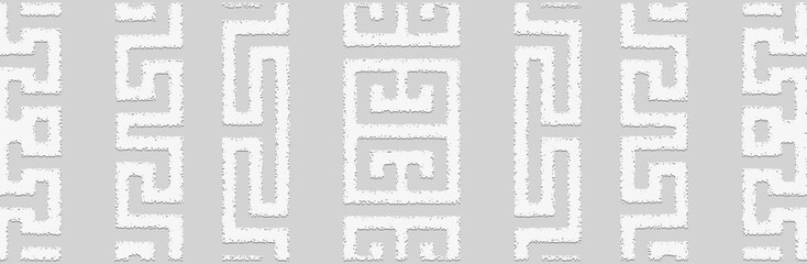 Banner. Relief geometric trendy 3D pattern on a white background. Ornamental ethnic cover design, Greek meander style. Boho exoticism of the East, Asia, India, Mexico, Aztec, Peru.