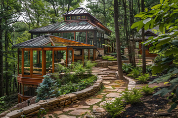A Craftsman home in a woodland setting, with a design that includes a glass-enclosed conservatory, natural wood finishes, and a stone path leading through the forest.