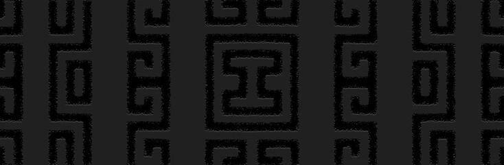Banner. Relief geometric abstract 3D pattern on a black background. Ornamental ethnic cover design, Greek meander style. Boho exoticism of the East, Asia, India, Mexico, Aztec, Peru.