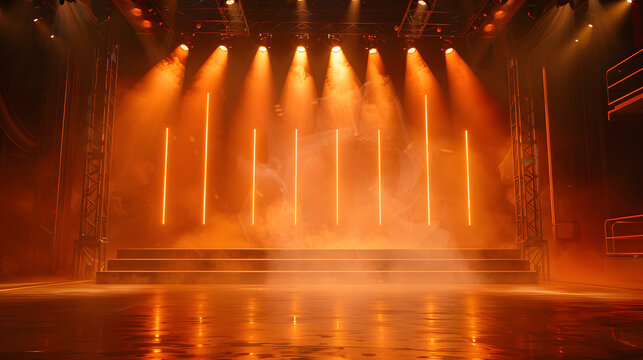 Empty stage light background. Illuminated stage with warm lighting design for modern dance performance. Entertainment show. Stage design for modern dance. Spotlight effect on stage.
