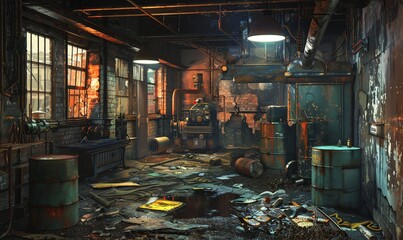 Illustrate a grunge style scene with a tilted angle view of a rundown warehouse interior, showcasing rusted machinery, old barrels, and dimly lit corners Utilize traditional art medium to convey a sen - obrazy, fototapety, plakaty