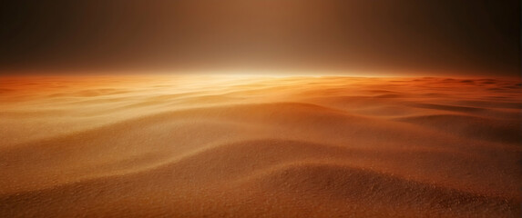 A panoramic shot capturing the enchanting hues of sunset casting shadows across the vast, undulating sand dunes