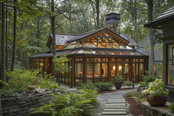 A Craftsman home in a woodland setting, with a design that includes a glass-enclosed conservatory,...
