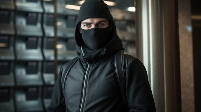 Portrait of a young man in a black balaclava and hoodie. Burglary Concept