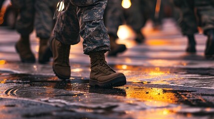 Feet of a soldiers walking in the rain. Selective focus. - obrazy, fototapety, plakaty