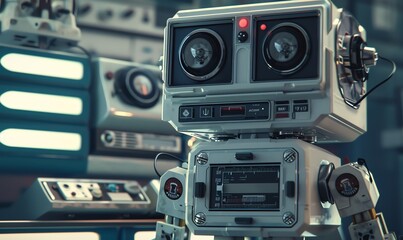 Illustrate a retro-inspired robotic assistant with a bulky, boxy body, clunky buttons and switches, a monochrome screen displaying analog dials, and a compact cassette player built-in for a nostalgic - obrazy, fototapety, plakaty