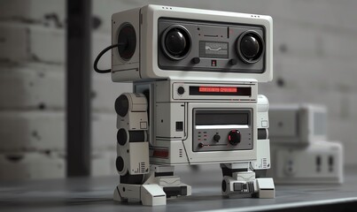 Obraz premium Illustrate a retro-inspired robotic assistant with a bulky, boxy body, clunky buttons and switches, a monochrome screen displaying analog dials, and a compact cassette player built-in for a nostalgic