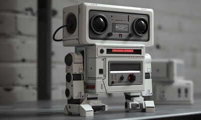 Illustrate a retro-inspired robotic assistant with a bulky, boxy body, clunky buttons and switches, a monochrome screen displaying analog dials, and a compact cassette player built-in for a nostalgic