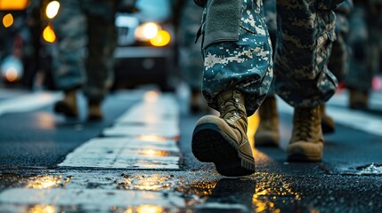 Feet of a soldiers walking in the rain. Selective focus - obrazy, fototapety, plakaty