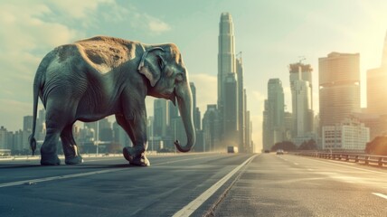 Elephant walking in urban cityscape - An elephant roams an empty road contrasted with a futuristic city skyline, a blend of wildlife and urban life