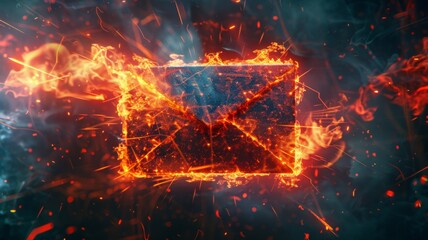 Suspended burning envelope in an illuminated space - An envelope appears floating mid-air amidst a fiery glow with radiant energy surrounding it - obrazy, fototapety, plakaty