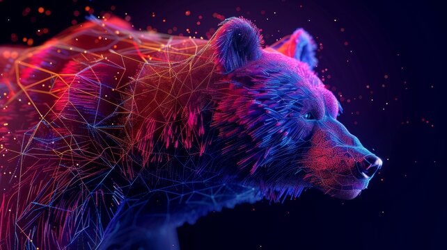 Vibrant neon bear on dark background - An artistic digital image showcasing a bear with neon glowing edges against a dark background Energetic and powerful