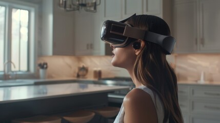 a woman wearing an AR headset is seen interacting with virtual furniture displayed in her kitchen
 - obrazy, fototapety, plakaty