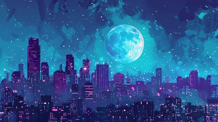 Poster Futuristic cityscape with neon lights - Digital art of a futuristic cityscape with vibrant neon lights and a large moon illuminating the skyline © Mickey